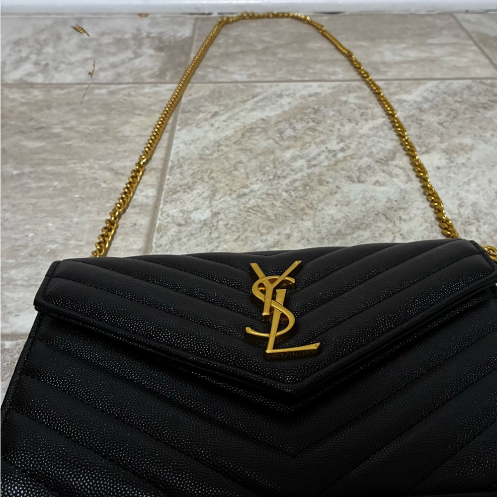 Yves Saint Laurent Black Chevron Crossbody with Gold Chain